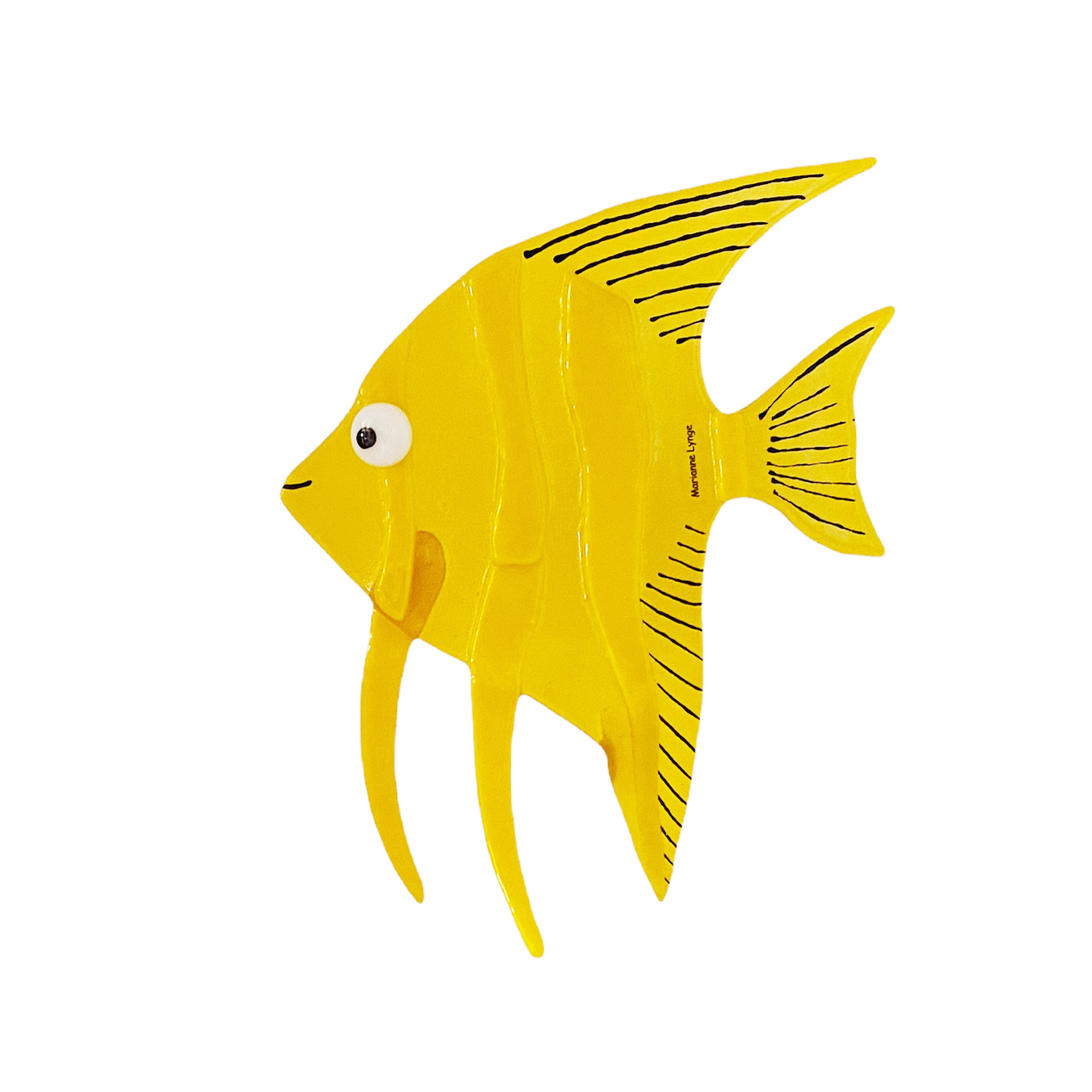 Marianne glaskunst - Glas fisk "Gul" der står på finner hale